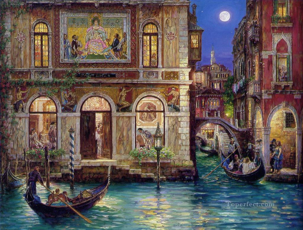 ヴェネツィアの運河の街並みの思い出 現代の都市風景油絵